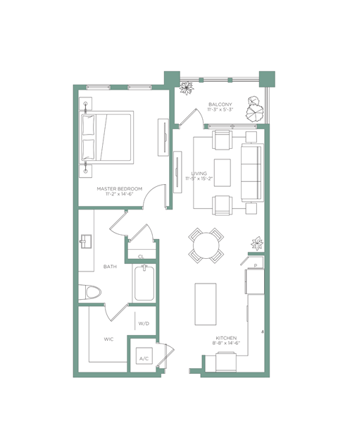 Floor plan for 1 bed, 1 bath, 803 sqft